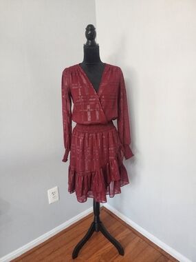 Michael Kors Burgundy Long Sleeve V-Neck Ruffle Hem Dress